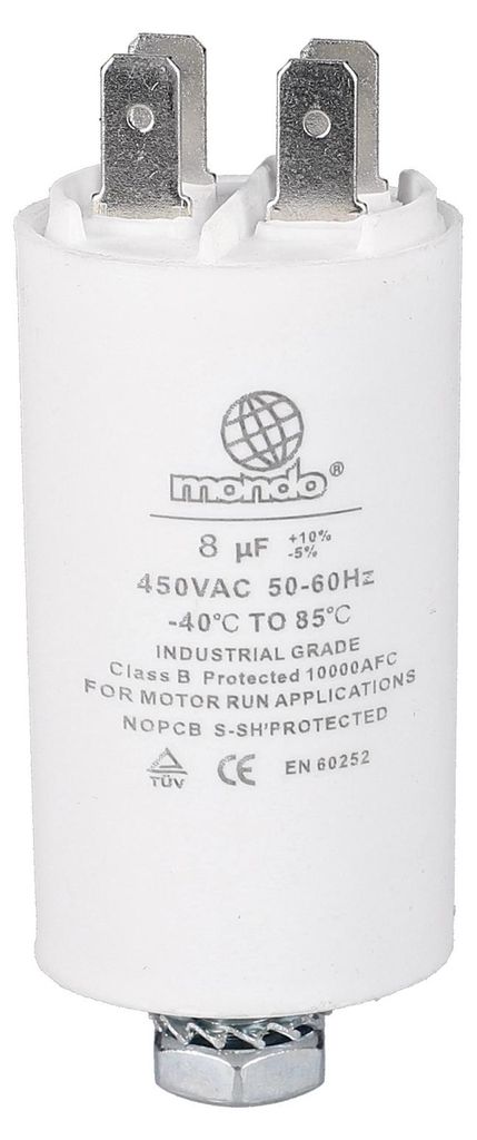 A white cylindrical capacitor with metal prongs at the top and a nut at the bottom, set against a white background.