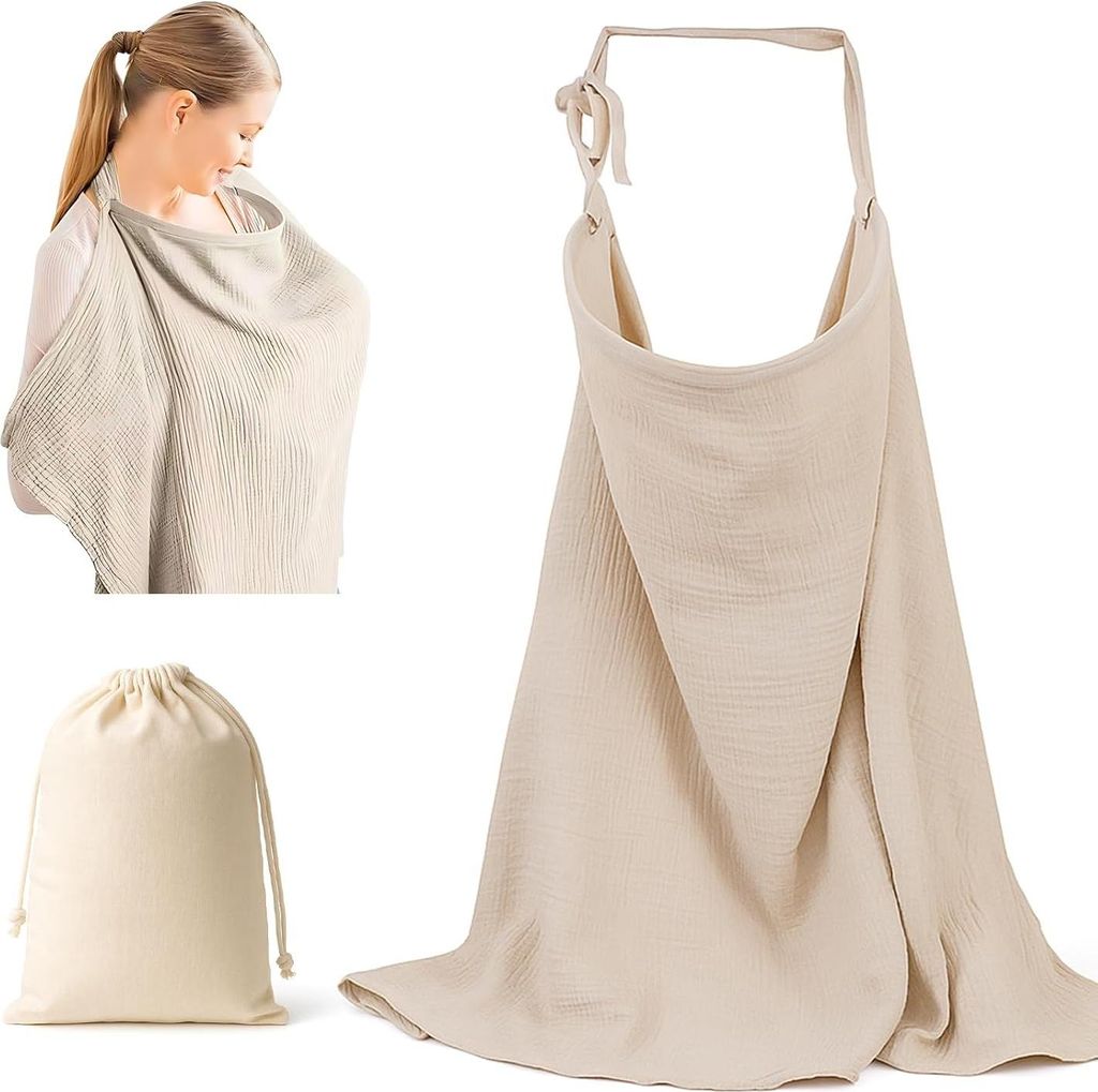 Stilltuch für unterwegs mit Baumwolltasche, Stillhalstuch mit verstellbarem Kragen, 71*95cm, Stillabdeckung aus atmungsaktivem Musselin