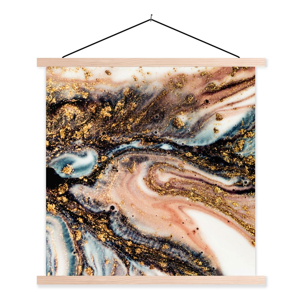 MuchoWow Textilposter Marmoroptik - Gold - Schwarz - Glitzer - Chic 40x40 cm mit holzfarbenen Rahmen - Posterleiste