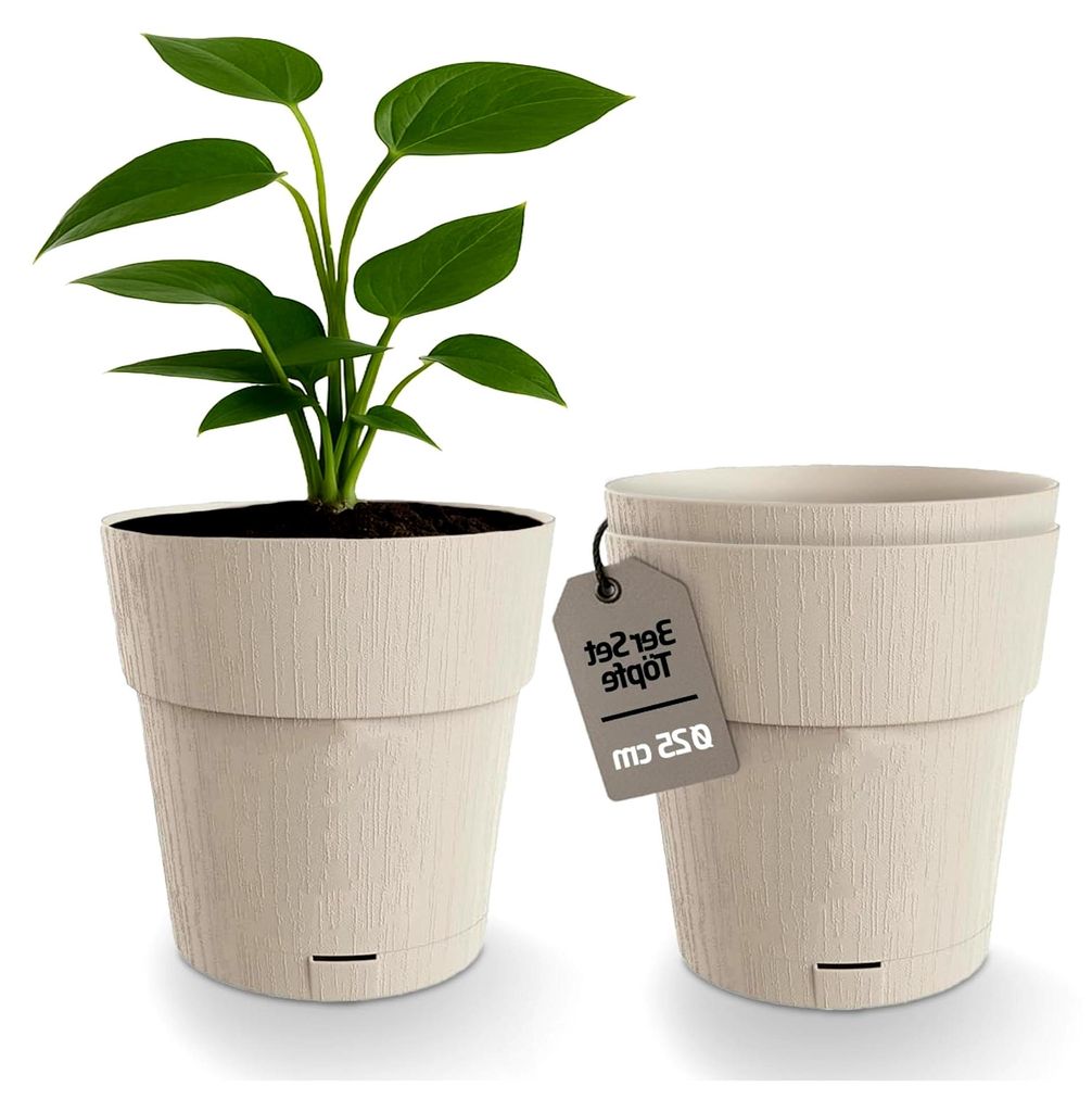 Blumentopf Pflanzentopf Blumenkübel 3er-Pack Selbstbewässerung Wasserspeicher 100% recycelter Kunststoff rund 25 cm beige