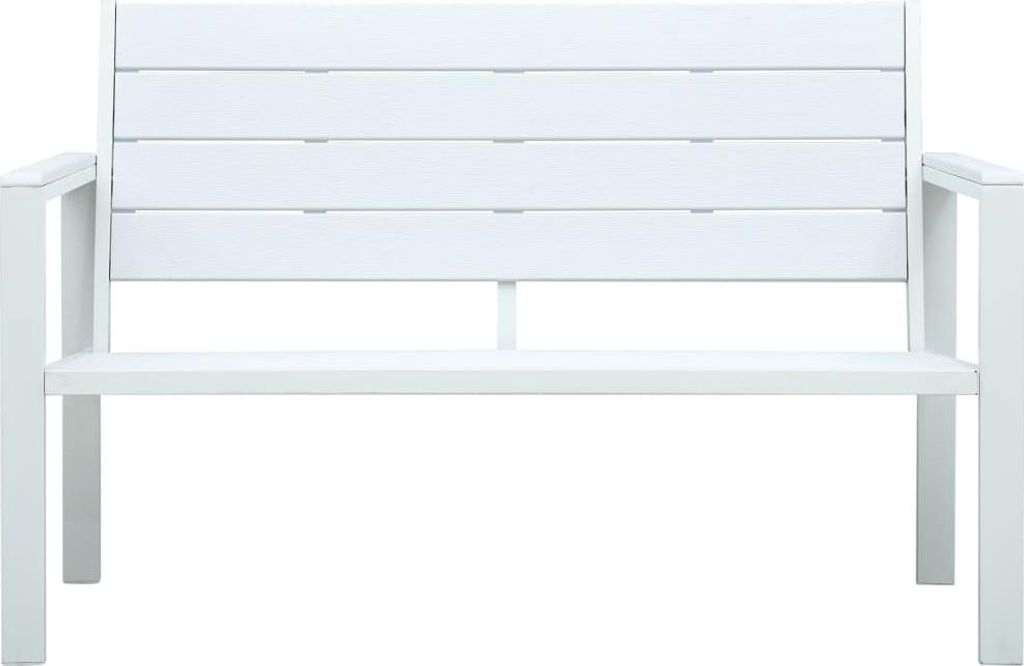 A white garden bench with a slatted back and seat, shown from the front against a white background.
