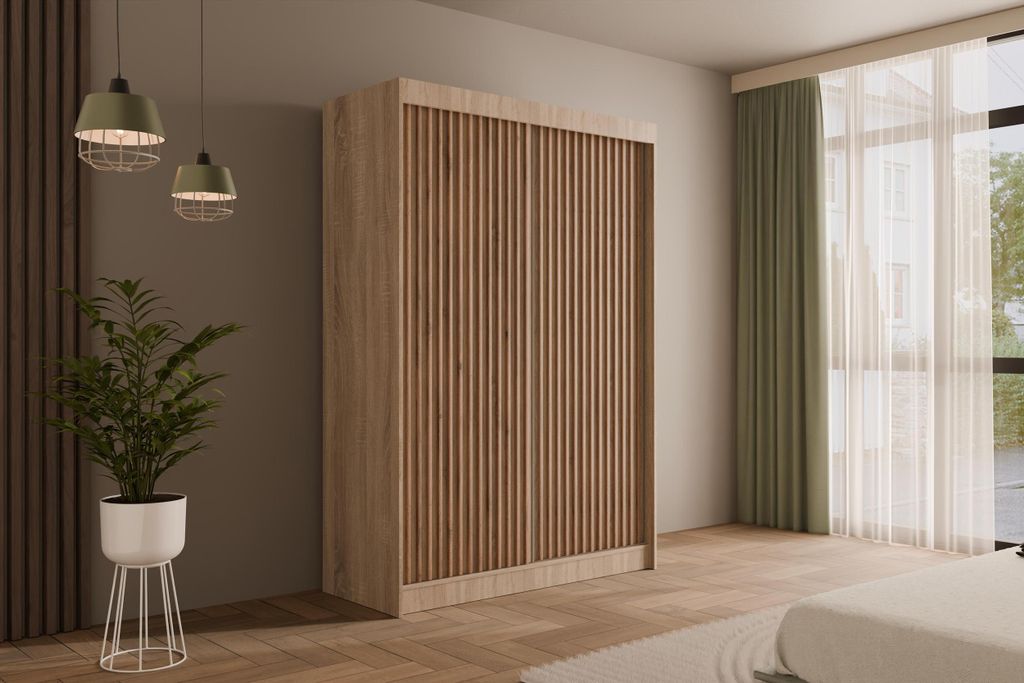 ALTDECOR Kleiderschrank mit Lamel-Schiebetüren, kugelgelagerte Führungsschienen und Aluminium-Leisten - VILANv2 - 120 cm Sonoma Eiche + Sonoma Ei...