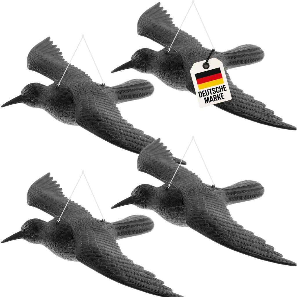 4x WELLGRO Vogelschreck Krähe – Raben Attrappe zur Vogelabwehr & Taubenabwehr – 4x fliegend – schwarz, Kunststoff – für Balkon & Garten