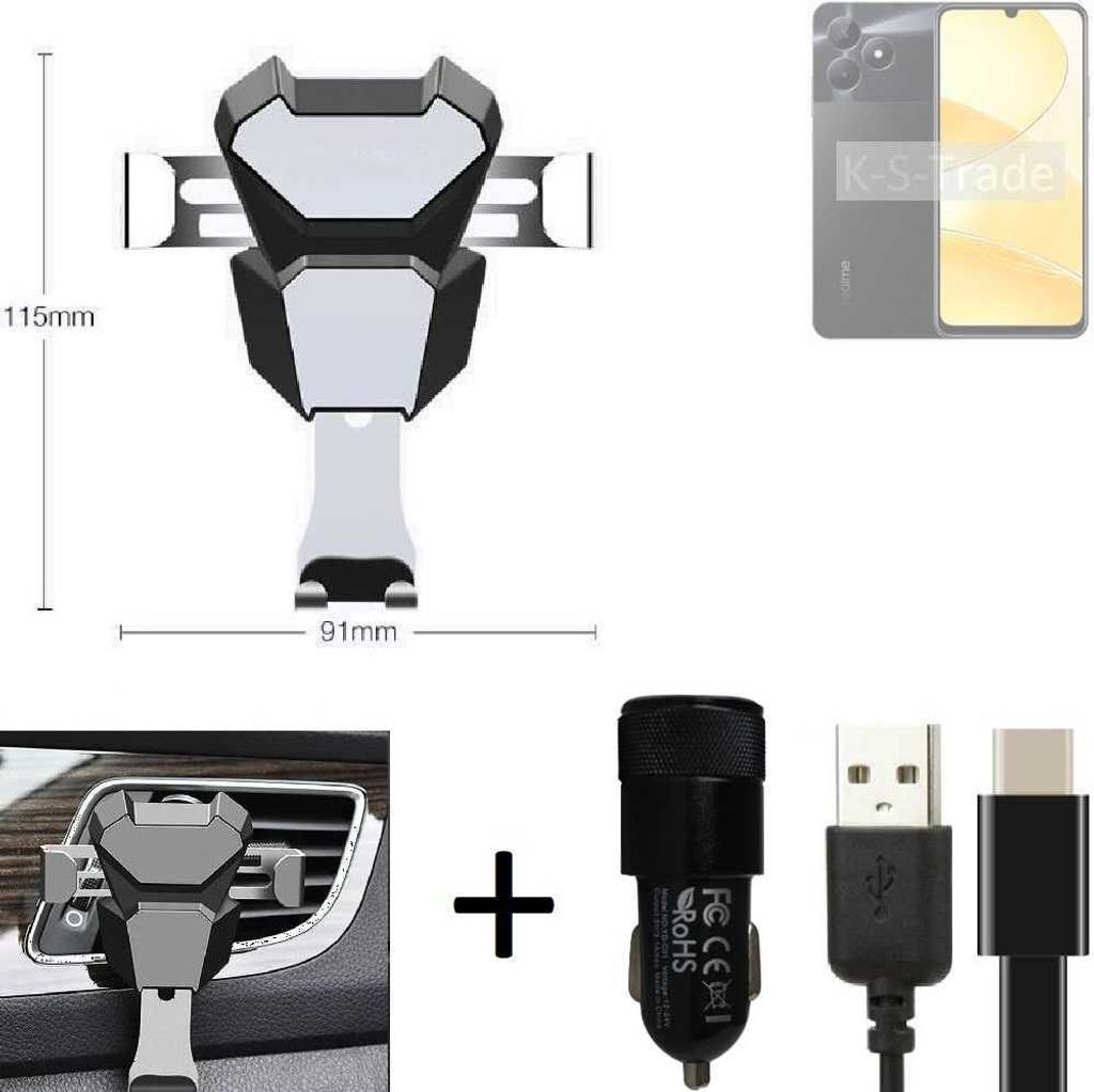K-S-Trade Lüftungsschlitz Halterung kompatibel mit Realme C51 Lüftungshalterung Lüftungsgitter schwarz-silber Auto-Halterung Smartphone Halter
