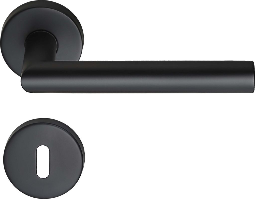 A black door handle set, including a lever handle and a keyhole escutcheon, is shown against a white background.