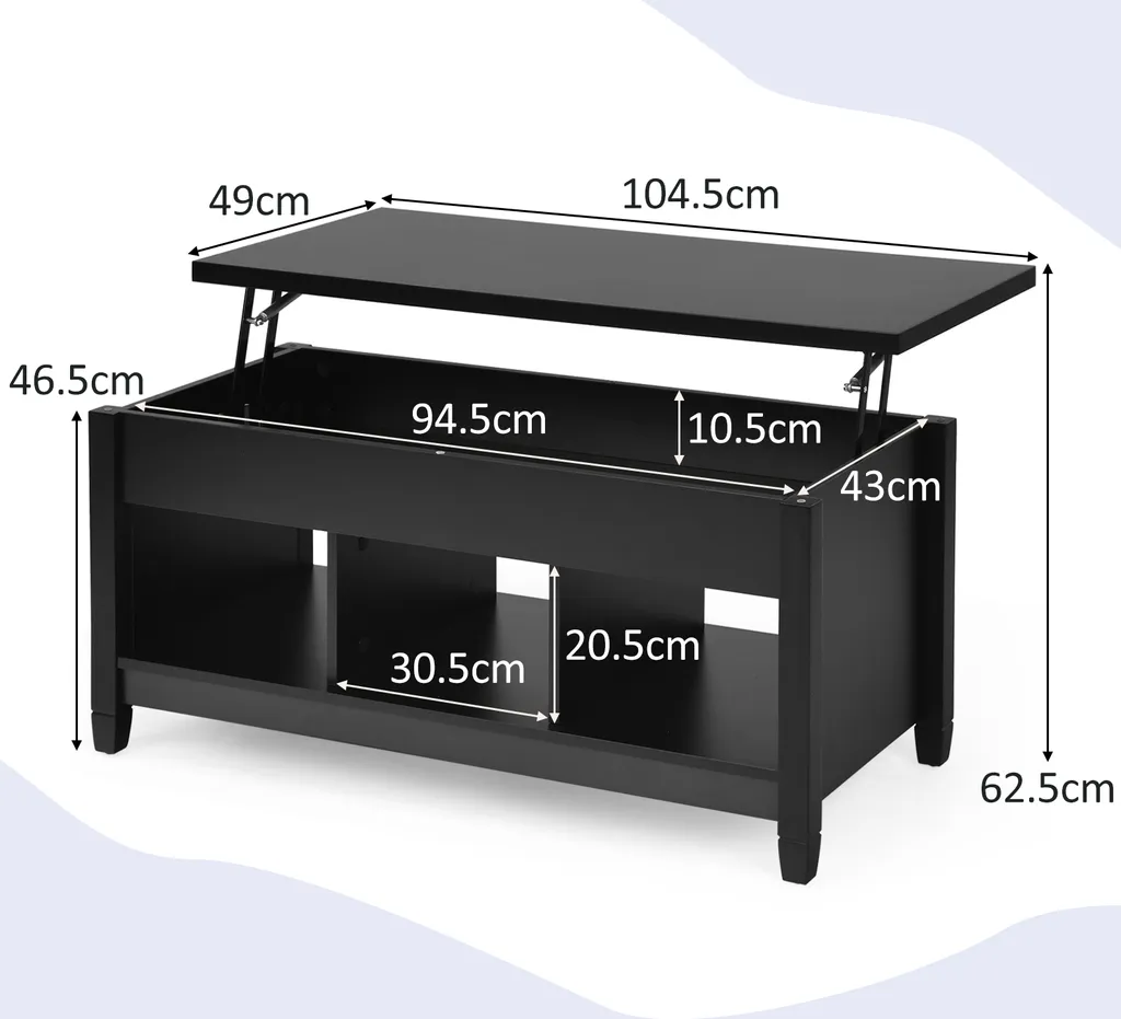 COSTWAY Table Basse Noir avec Plateau Relevable et Compartiment Intégré - 6