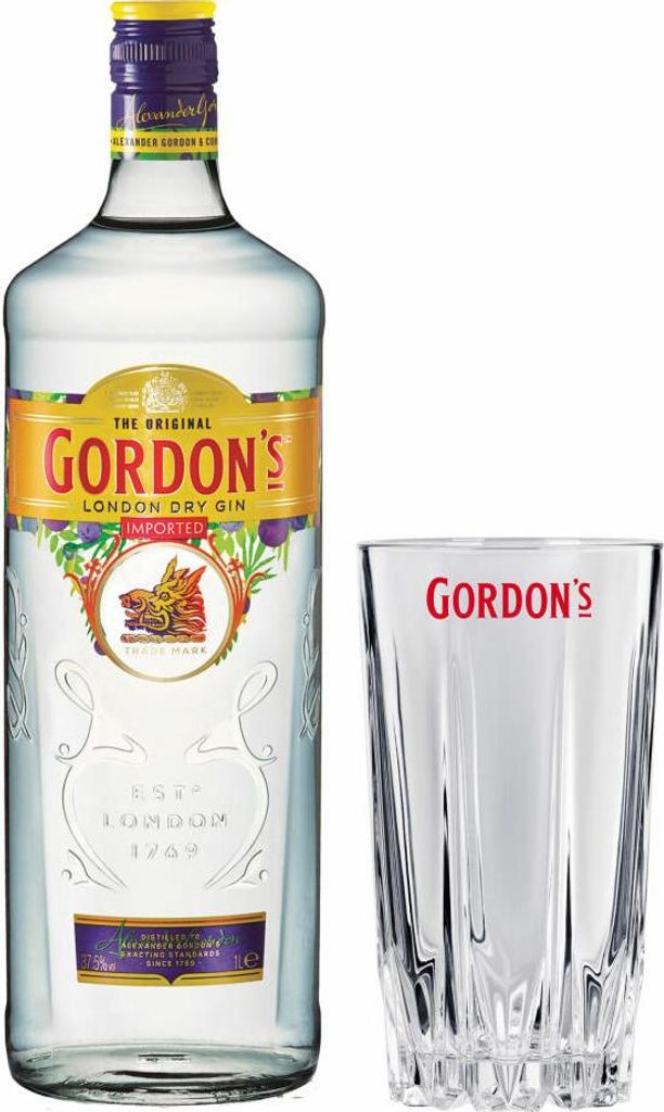 Gordon ́s London Dry Gin Set mit Bar Glas, Alkohol, Flasche, , 37.5%, 1 L