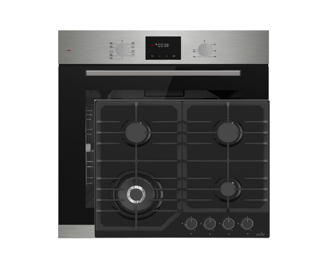 Böhme Einbaubackofen HB60F78PPX mit versenkbare Knebel, Edelstahl Glas mit Heißluft, Teleskopauszug + Gasline Gaskochfeld 60cm Schwarz 4 Brennern...
