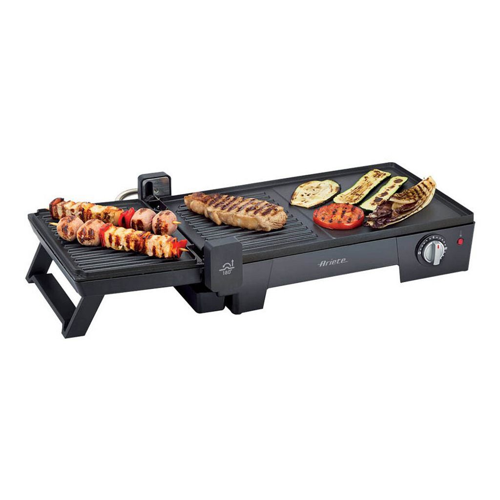 A black electric grill with food on it, set against a white background.