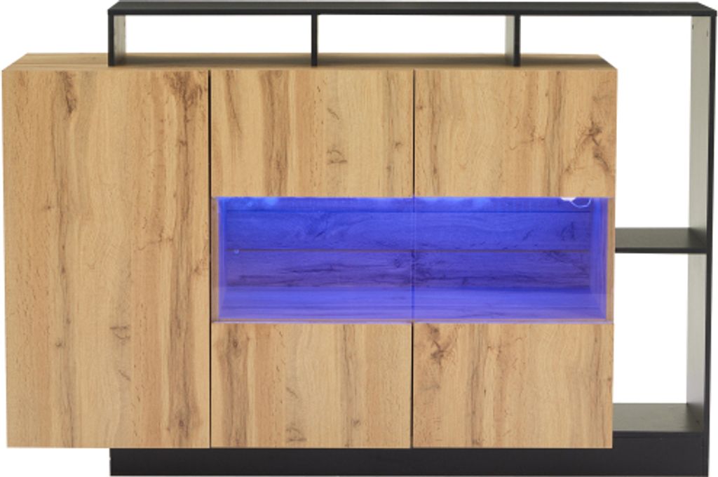 Sideboard 140x44x93.5cm Glas LED Original Holzfarbe MDF Glas Esszimmerschrank Anrichte Vitrine Schliessfaecher Beistellschrank