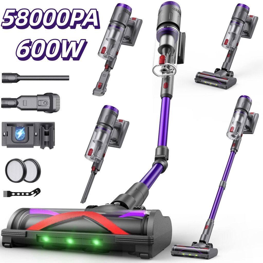 Akku Staubsauger mit 58KPa Saugkraft, 75 Minuten Laufzeit, 250° flexibler Bürste und LED-Staubdetektion – leise und kraftvoll mit smartem Displ...