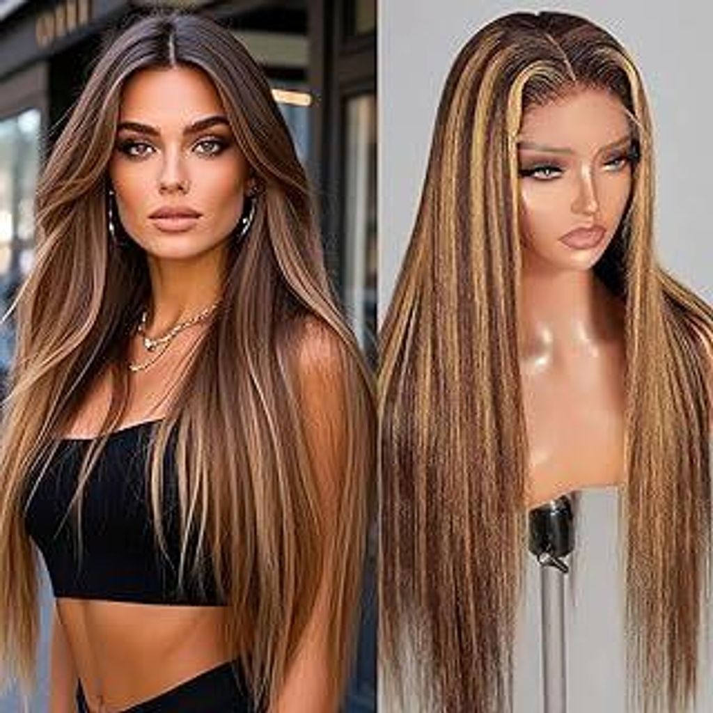 13x6 Synthetic Lace Front Wig - Glueless Ready to Wear 26 Synthetic Wigs for Black Women, Pre-Plucked Baby Hair Heat-Resistant Brown Blonde Highlig...