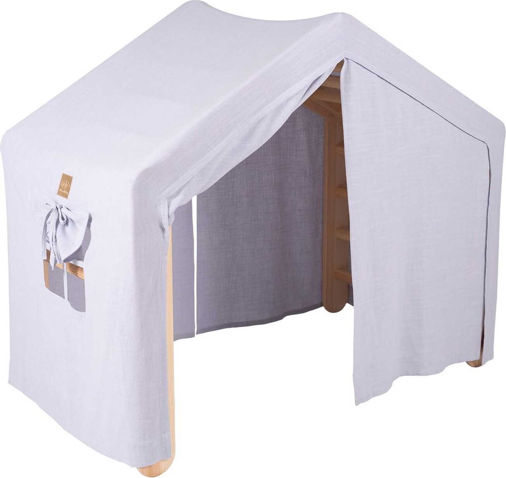 MeowBaby Großes Haus mit faltbarer Kinderleiter 112x61x94 cm für das Zimmer. Holz, Leinen, Baumwolle, Graublaues Haus, Leiter Natur
