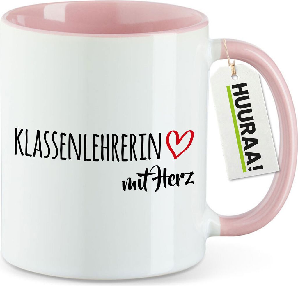 Huuraa Kaffeetasse Klassenlehrerin mit Herz 330ml Rosa Keramik Kaffeebecher Geschenkidee