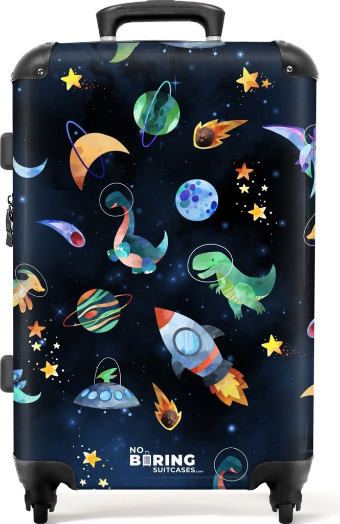 NoBoringSuitcases.com Großer Koffer - Bunte Zeichnung von Dinosauriern, UFOs und Sternen - Kombinationsschloss TSA - Hartschalen Trolley 4 Rolle...