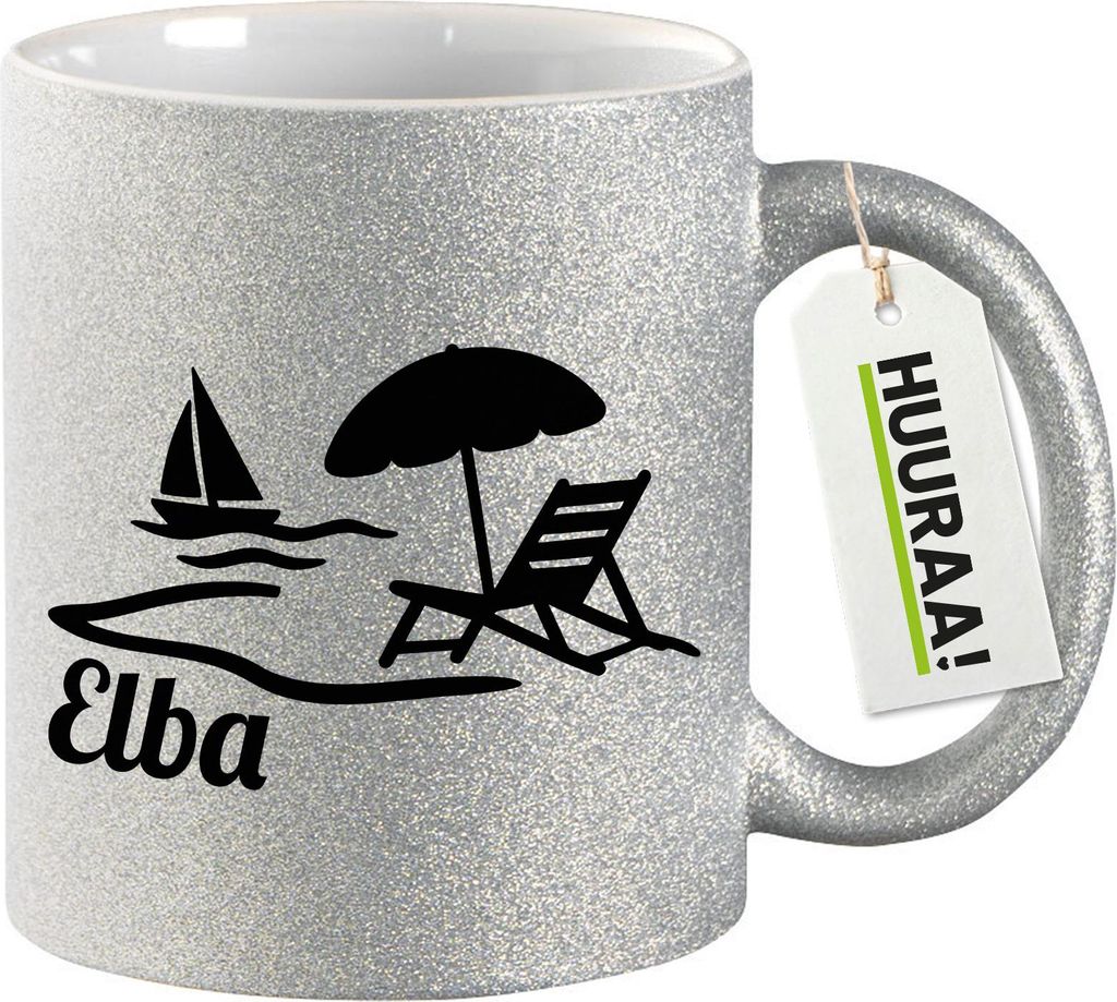 Huuraa Glitzertasse Elba Inselmotiv Italien 330ml Silber Keramik Kaffeebecher Geschenkidee