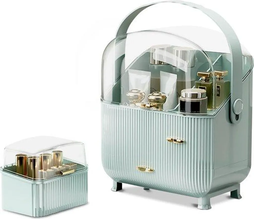Table de maquillage vert pastel 2 tiroirs, coiffeuse miroir rotatif