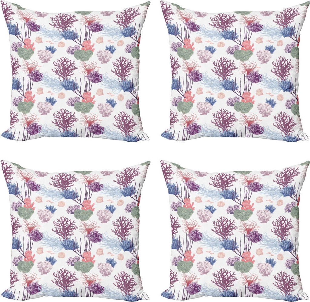 ABAKUHAUS Natur Kissenbezug Set (4 Stück), Gravierte Reef Coral Designs, Moderner Doppelseitiger Digitaldruck, 45 cm x 45 cm, Weiß und Multicolor