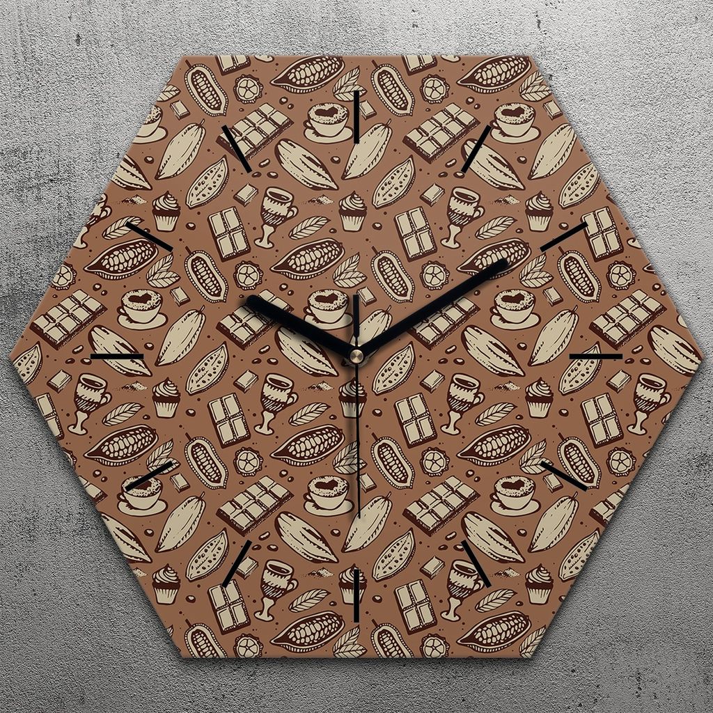 Uhr hexagonal 40 cm Glas Geräuschlos schwarze Zeiger - Kakao Bohnen Schokolade