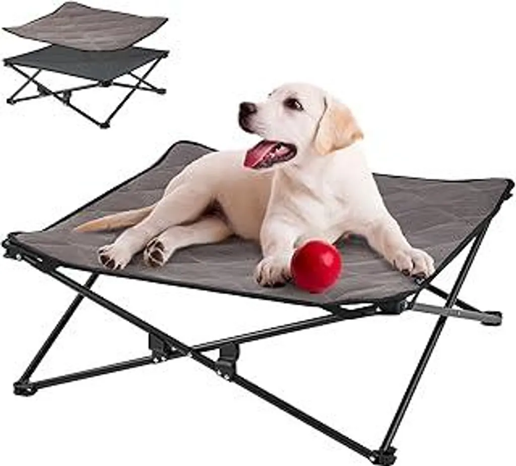 KingCamp Letto rialzato per cani Lettino per cani Lettino per animali domestici all'aperto Lettino per animali domestici in rete traspirante e tappetino in pelle scamosciata e piedini antiscivolo per viaggi, giardino, esterni e interni, nero 77 x 77 x 30 cm