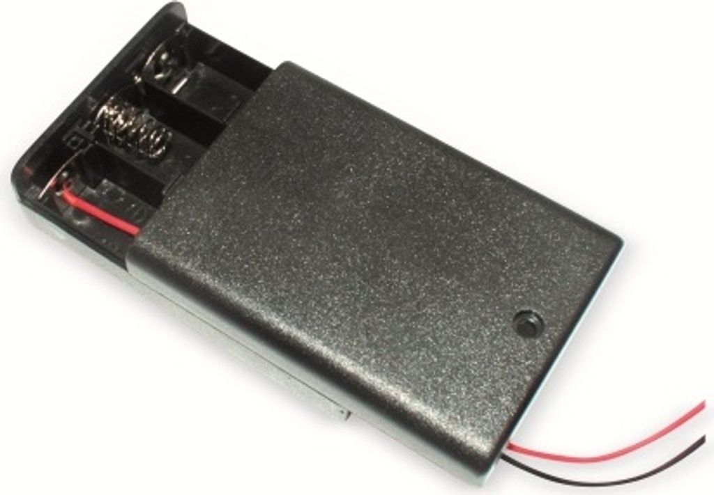 A black plastic battery holder with two AA batteries inserted, showing red and black wires extending from the end.