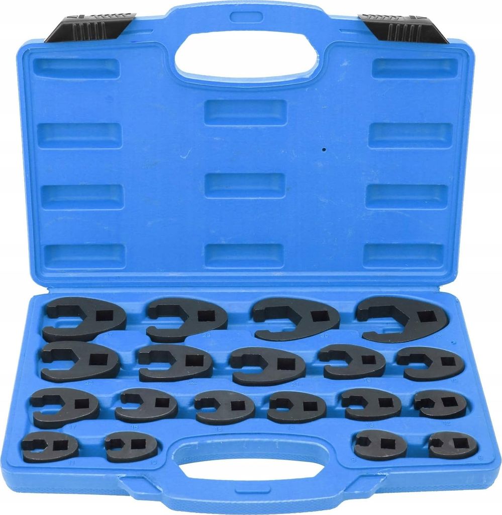A set of specialized wrenches in a blue plastic case.
