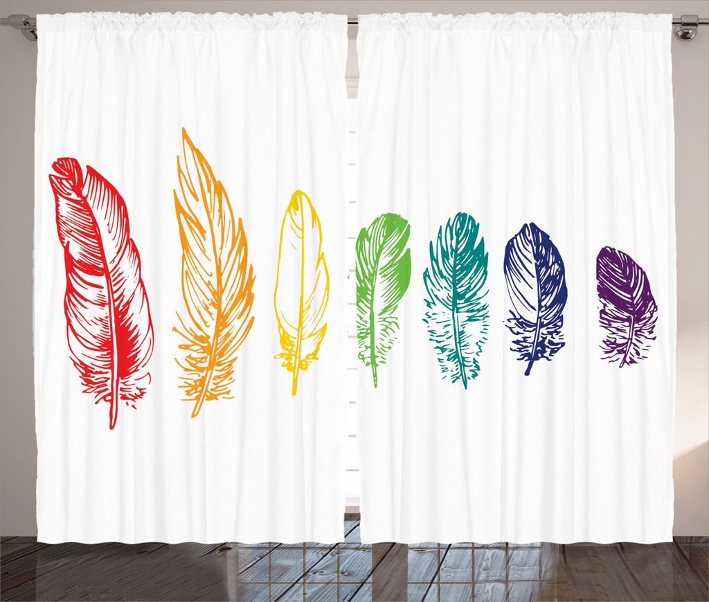 ABAKUHAUS Handgemalt Rustikaler Vorhang, Regenbogen-Federn, Wohnzimmer Universalband Gardinen mit Schlaufen und Haken, 280 x 245 cm, Grün Lila Rot