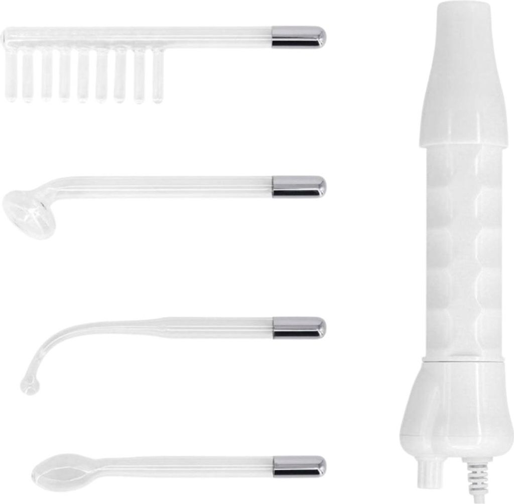 A set of four glass electrodes for a Darsonval device, along with the device handle, displayed against a white background.