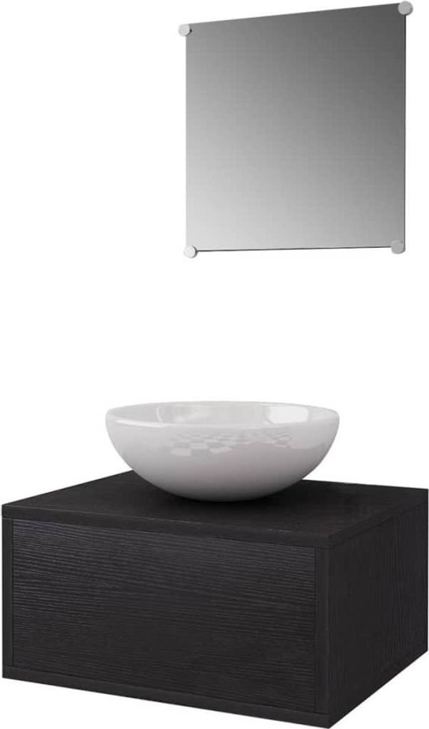 A bathroom vanity set with a sink and a mirror.