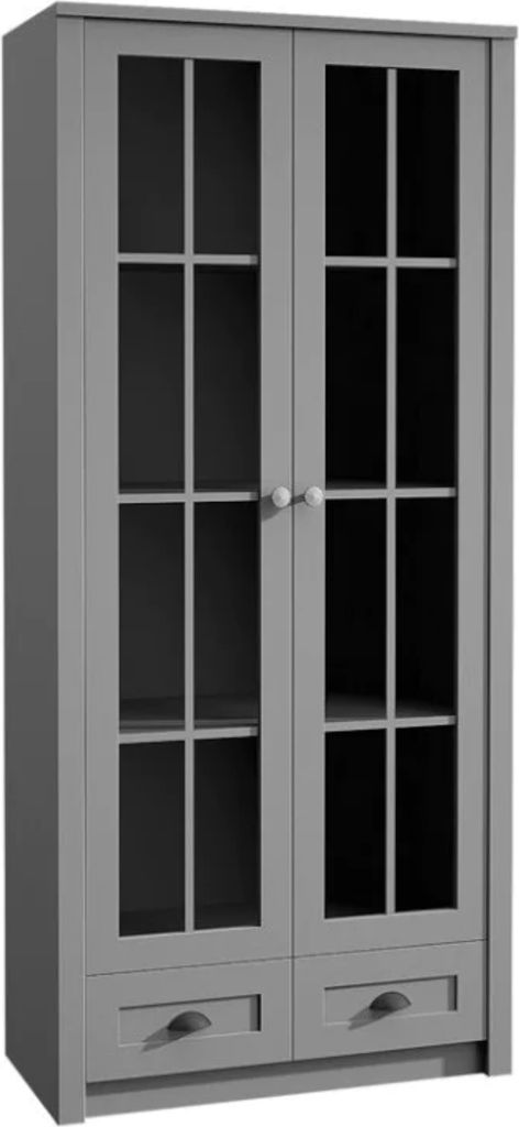Konsimo Vitrine mit Schubladen und Glastüren "LEMAS", Grau, Spanplatte/MDF-Platte, Classic, 90x198x43 cm