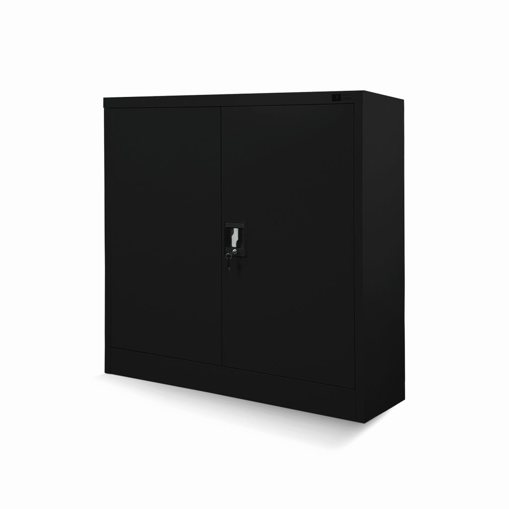 A black metal cabinet with two doors.