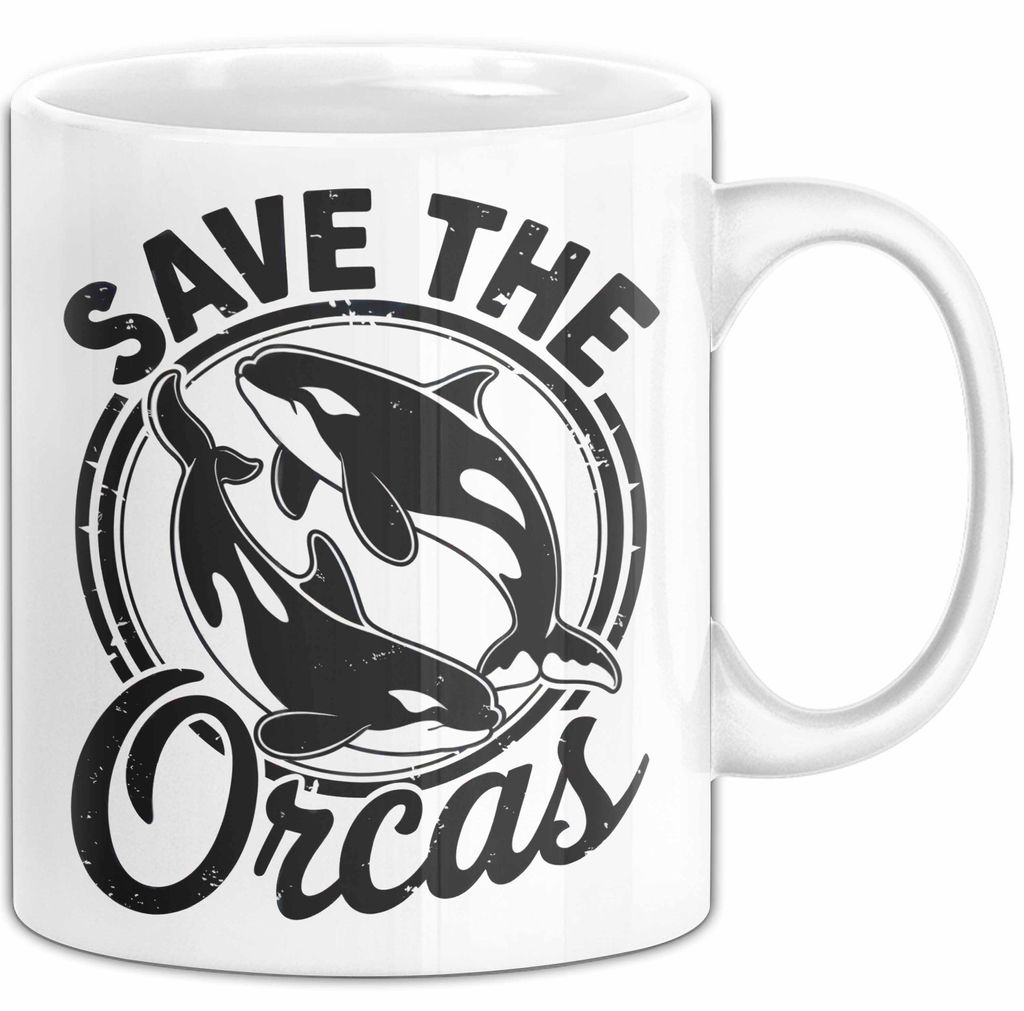 Wal Tier Tasse Geschenk Lustige Geschenkidee Spruch Rettet die Orcas (Weiß)