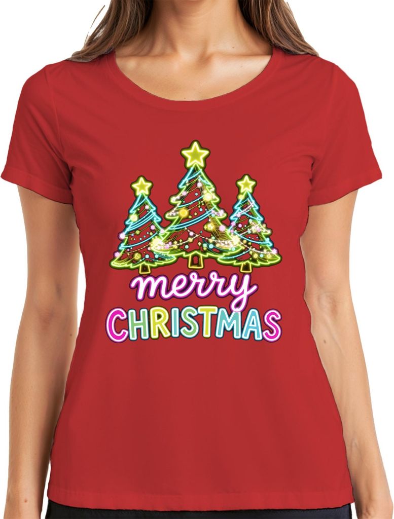 merry CHRISTMAS Neon Weihnachtsbäume Leuchtschrift Retro Geschenk Damen T-Shirt, Rot, S