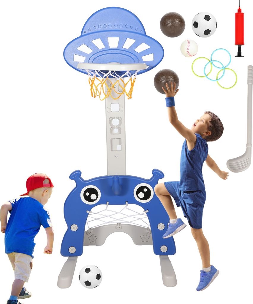 Bettizia 4-in-1 Höhenverstellbarer Basketballkorb, Fußballtor, Golf & Wurfspiel für Kinder drinnen & draußen