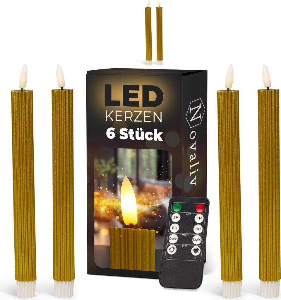 Stabkerzen LED mit Timer GOLD 6 Stück Indoor 6 Stunden ECHTWACHS gerippt 23cm Höhe für Kerzen 2,2cm Durchmesser 2 AAA Batterien notwendig LED St...