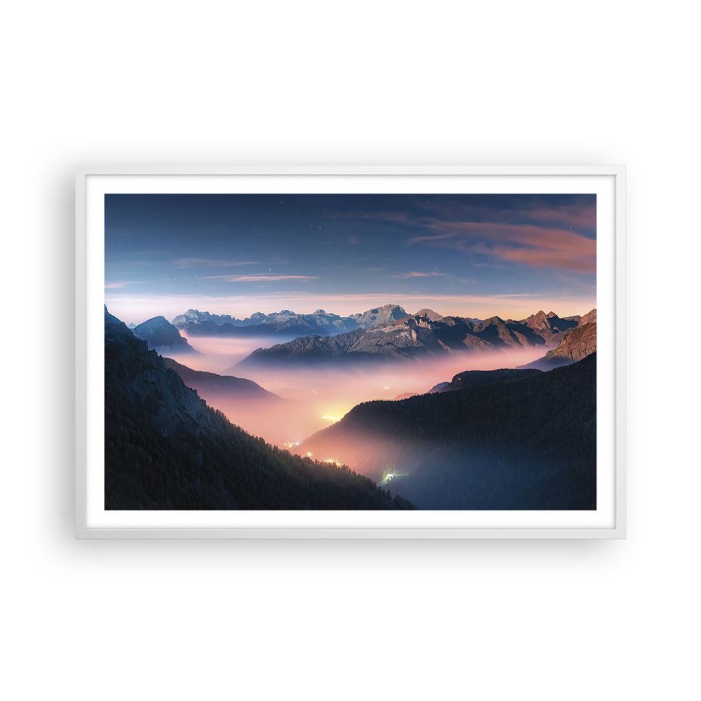 Gerahmtes Poster - Weißer Rahmen - Berge Wolken Nebel - 91,5x61 cm - Wand Bild - Wanddeko - Wandbilder - Kunstposter - Wandposter - Bilderrahmen -...