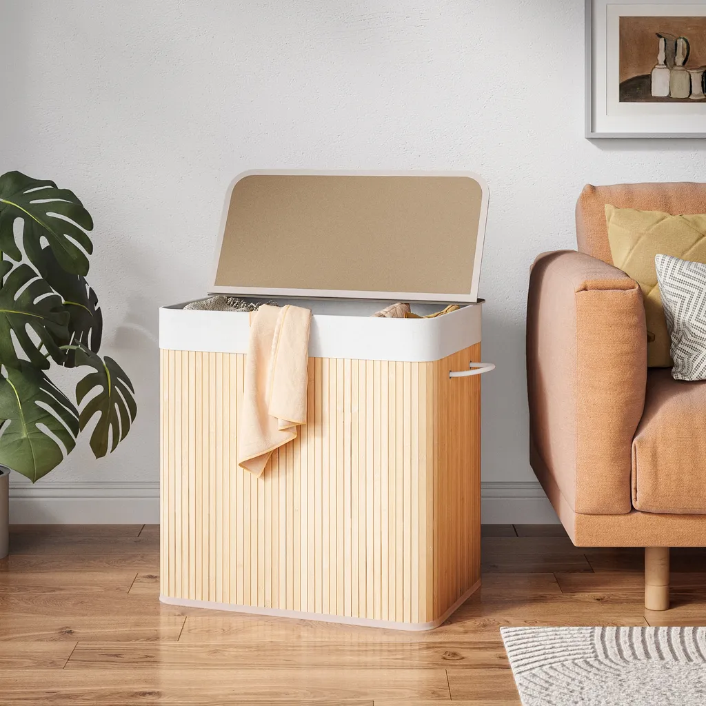 Fini le Tri ! Panier à Linge 150L Bambou 3 Compartiments Séparés - Zen - 12