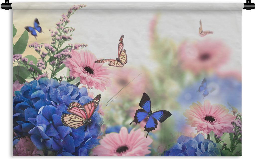 MuchoWow Wandteppich Wandbehang Schmetterlinge - Blumen - Hortensien - Insekten 90x60 cm Tapisserie Dekoration Wandtuch - Wandskulpturen - Bildte...