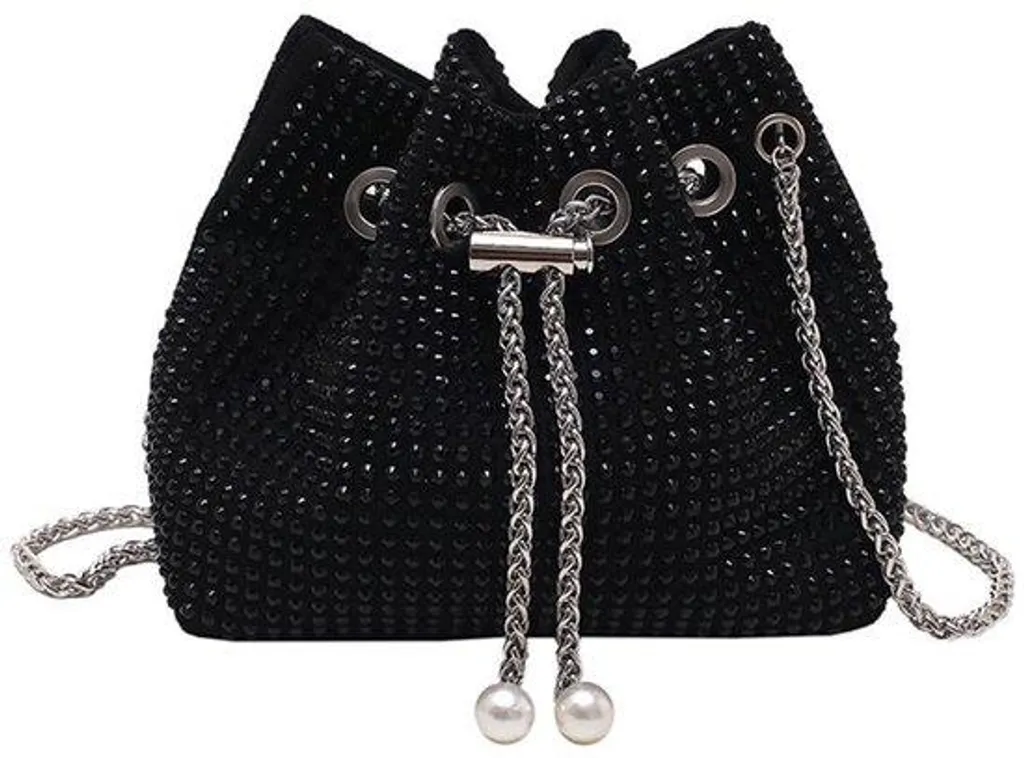 Pochette strass noire brillante à paillettes avec bandoulière amovible