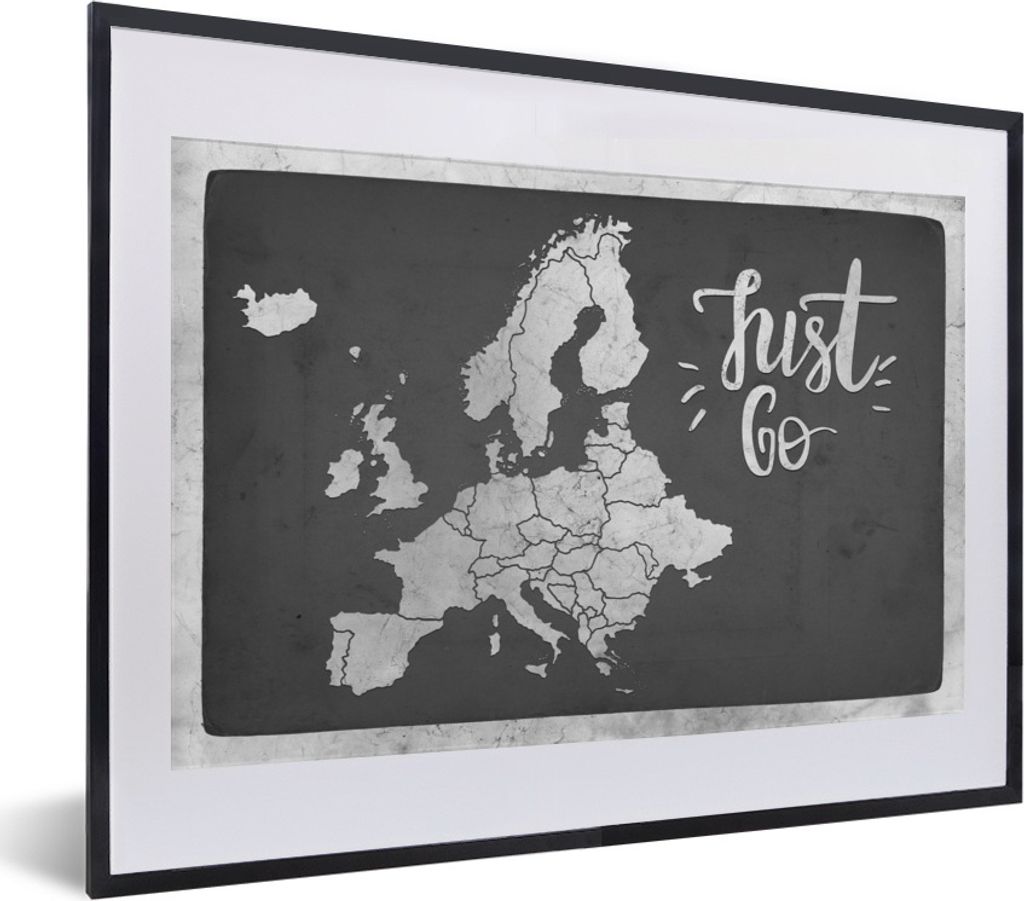 MuchoWow Gerahmtes Poster Vintage Eurocard mit dem Text "Just go" - schwarz und weiß 40x30 cm - Poster mit Schwarzem Bilderrahmen Wandposter Rah...