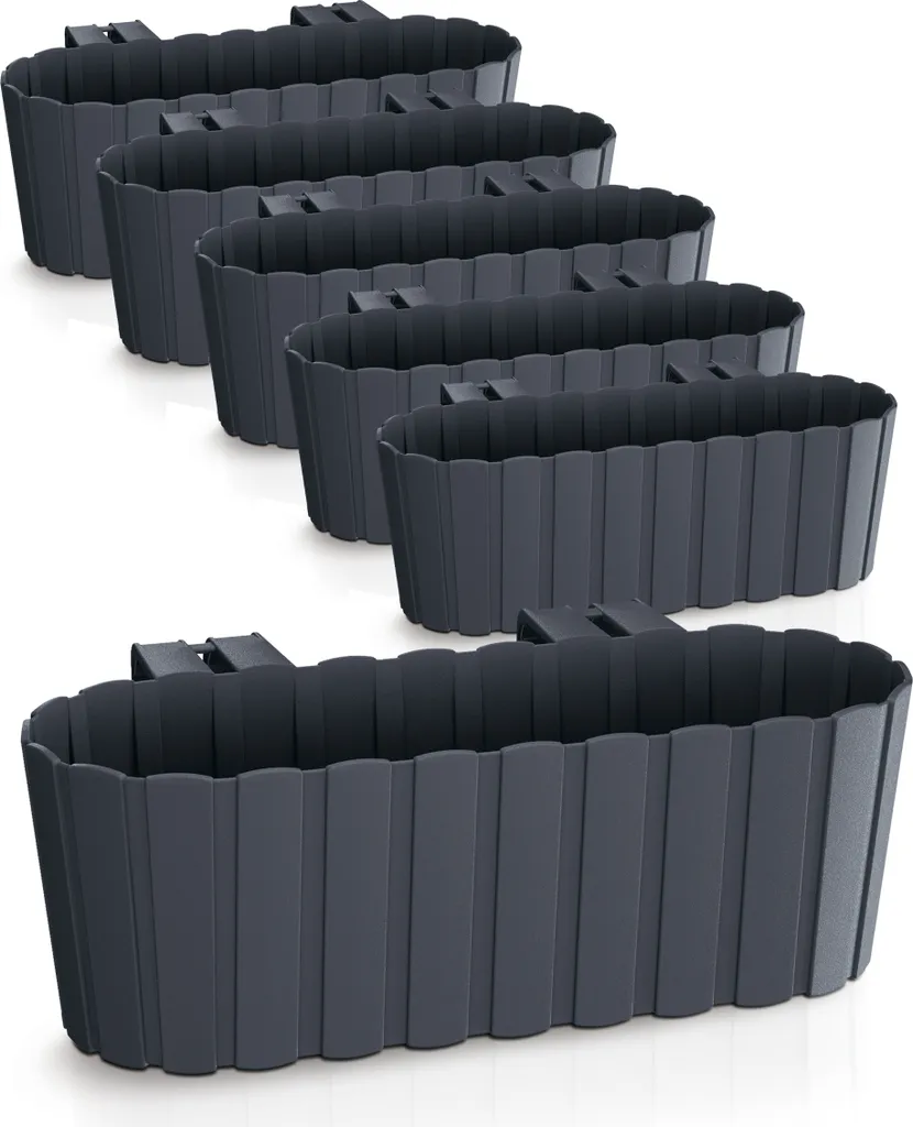 Bac à fleurs en plastique anthracite 39 cm - Lot de 6 pots avec crochets
