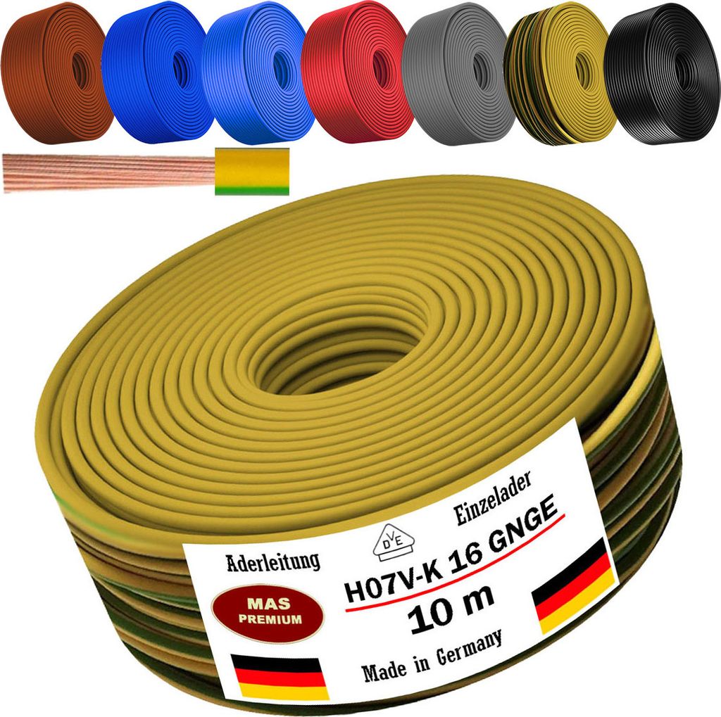 10m Aderleitung H07 V-K GNGE 1x16 mm² Grüngelb Einzelader flexibel