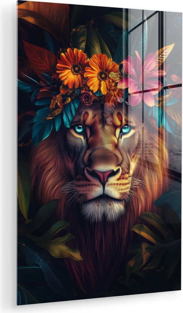 MuchoWow Glasbilder - Bilder auf Wandbild - Foto auf Glas Löwe - Blumen - Blätter - Tiere - Farbenfroh 20x30 cm Wanddekoration aus Glas - Acrylgl...