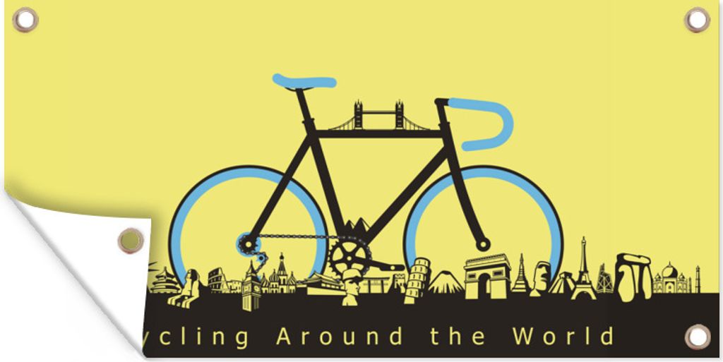 MuchoWow 60x30 cm Outdoor-Poster Gartendeko Sichtschutz Garten Poster für den Garten Fahrrad mit Silhouetten berühmter Gebäude aus der ganzen...