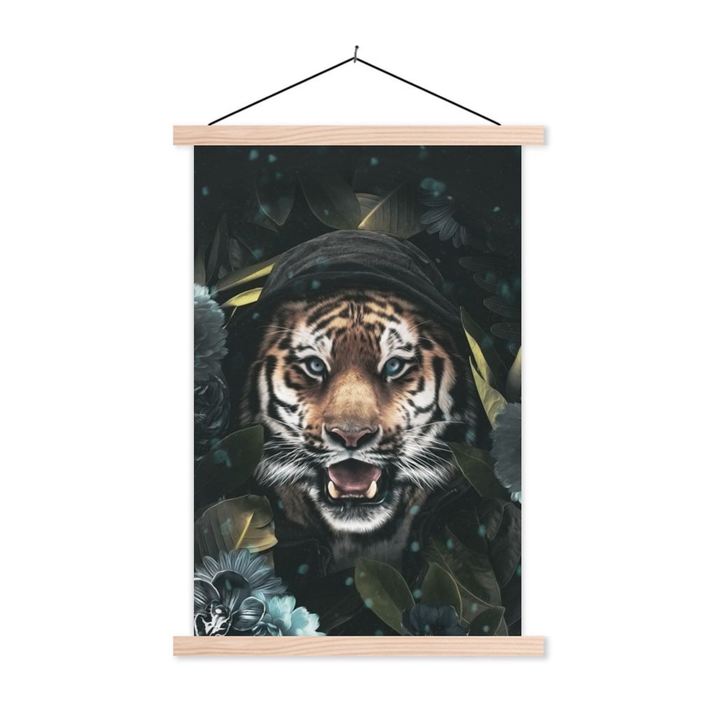 MuchoWow Textilposter Blumen - Tiger - Raubtier 60x90 cm mit holzfarbenen Rahmen - Textil