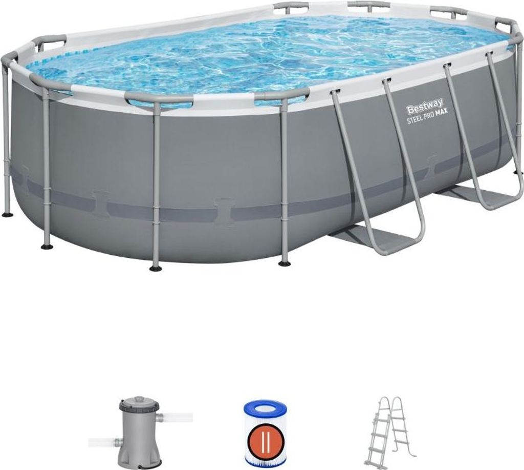 Bestway Steel Pro Max Oval Tubular Detachable Pool 427 x 250 x 100 cm mit 2.006 l/h Kartuschenfilter und Leiter