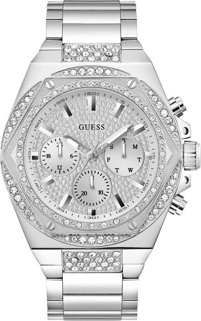 A silver Guess watch with crystal embellishments.