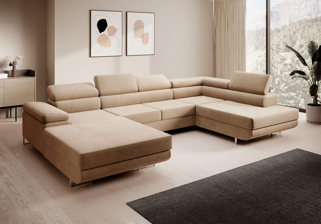 Ecksofa MARGO U- Form, moderne Couch mit Schlaffunktion, verstellbare Kopfstützen, zwei Bettkästen, große Polstercouch – Kronos 35