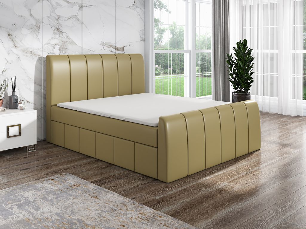 Boxspringbett JON 140 x 200 mit 2 Bettkästen, Bonell-Matratze und Topper. Farbe: Beige