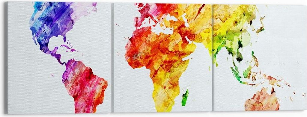 Bild auf Leinwand - Leinwandbild - Welt Karte Bunt Kontinente - 150x50cm - Wand Bild - Wanddeko - Leinwanddruck - Bilder - Kunstdruck - Wanddekorat...
